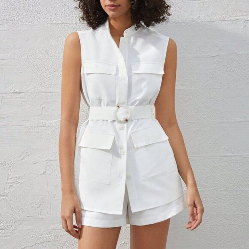 White Casual Women's Flip Pocket Front Sleeveless Top And Shorts Set - Picture 1 of 9